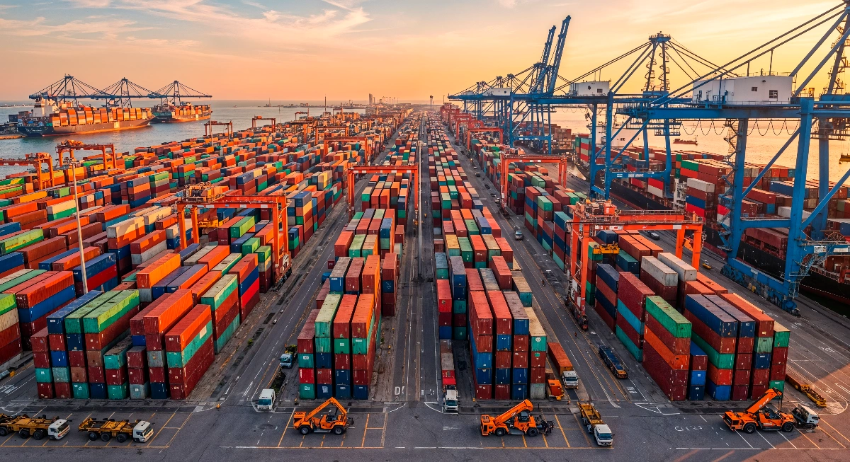Shipping containers at port for international freight forwarding